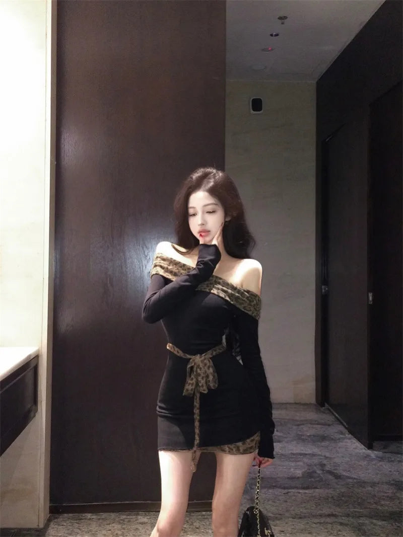 Slash Neck Splicd Leopard Harajuku Vintage Dress SA161