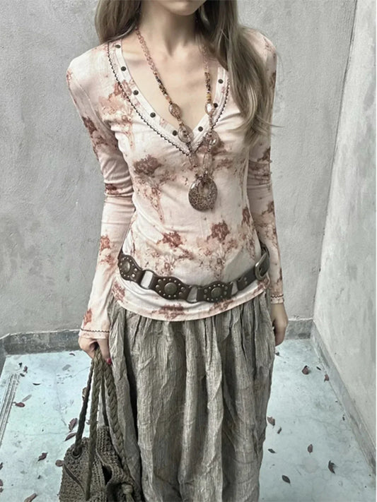 American Vintage Print V-neck Flare Sleeve Tshirts SP025