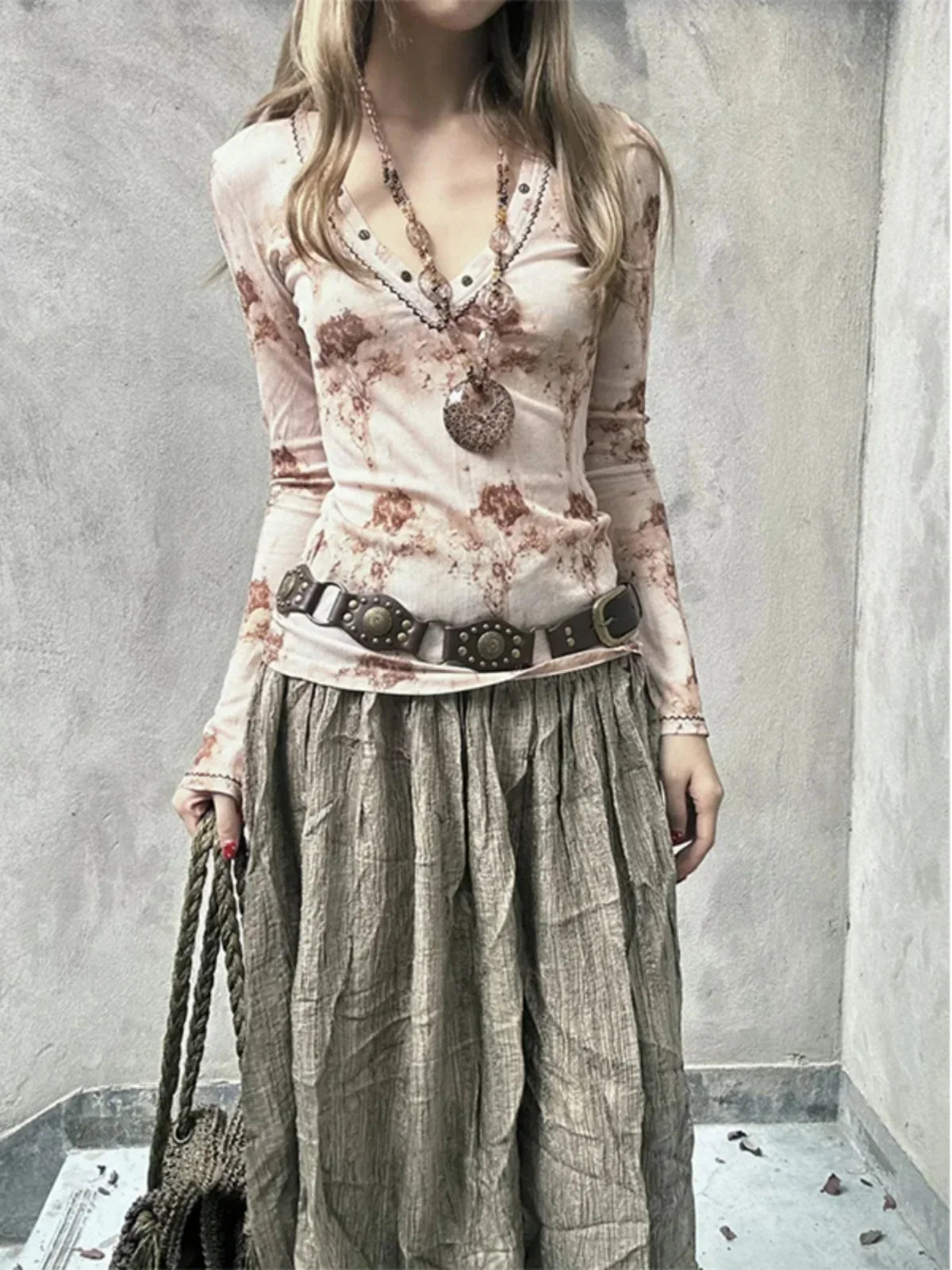 American Vintage Print V-neck Flare Sleeve Tshirts SP025