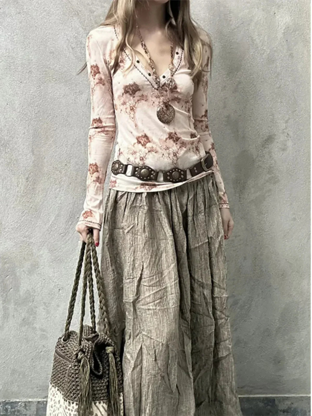 American Vintage Print V-neck Flare Sleeve Tshirts SP025