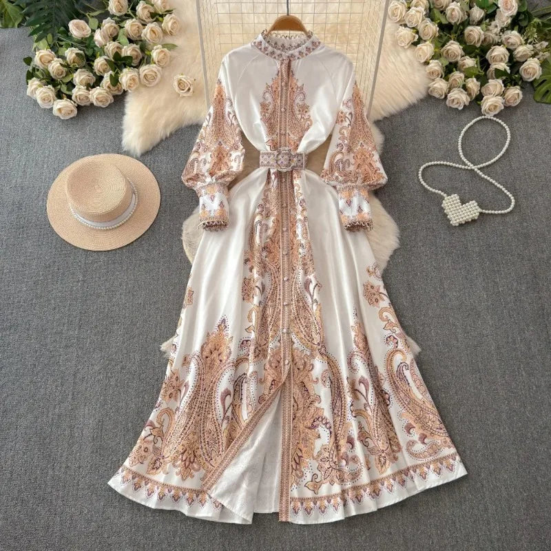 Vintage Print Lantern Sleeve Dress SA120