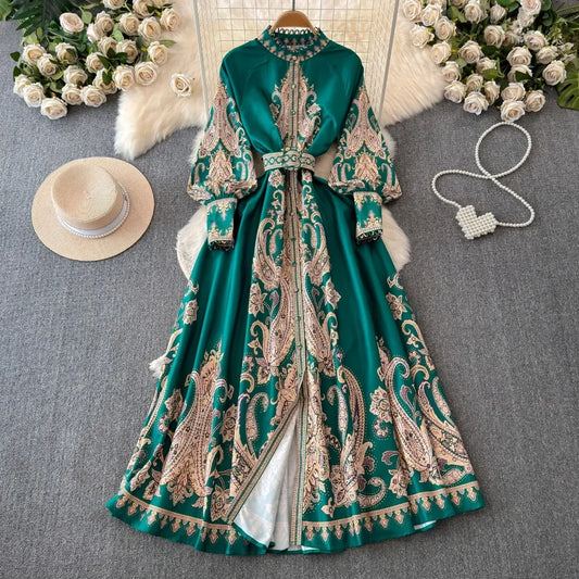 Vintage Print Lantern Sleeve Dress SA120