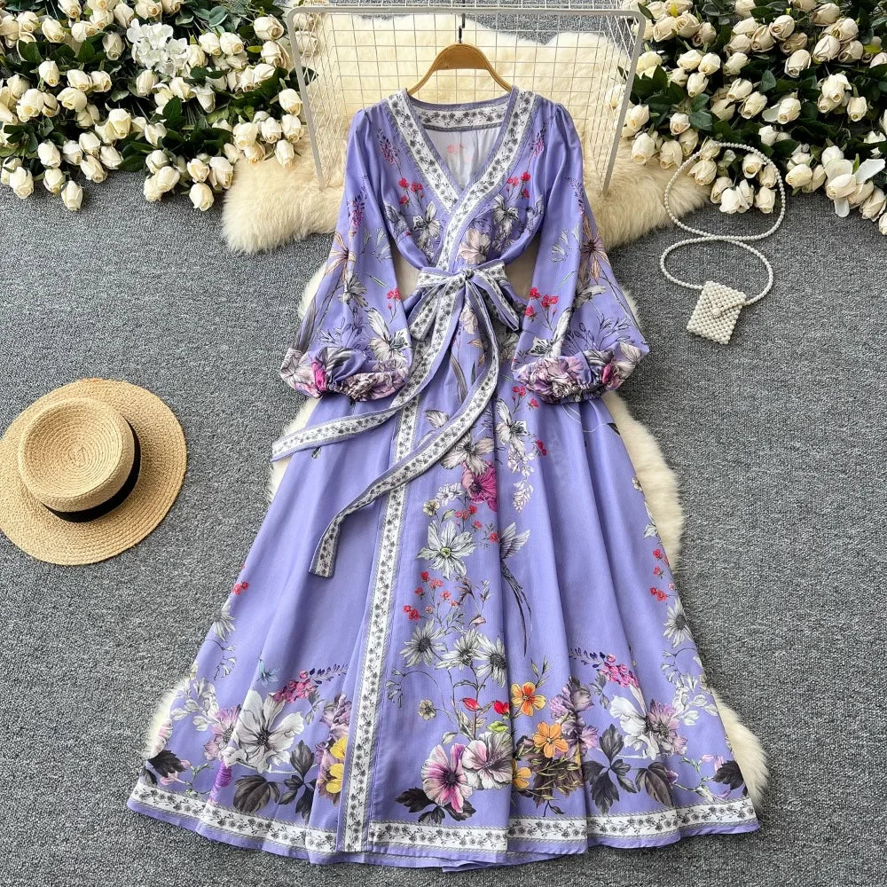 Cross V-neck Lantern Sleeve Panelled Dress  SA119