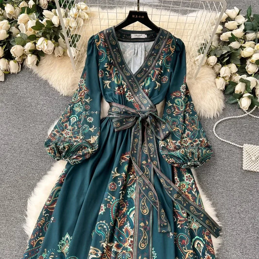 French Retro V-Neck Lace Up Slim Waist Dresses SA124