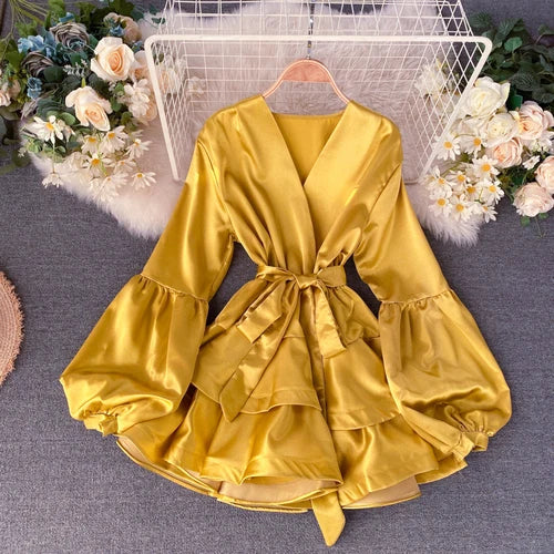 V Neck Lantern Long Sleeve Candy Color Dress 1L413
