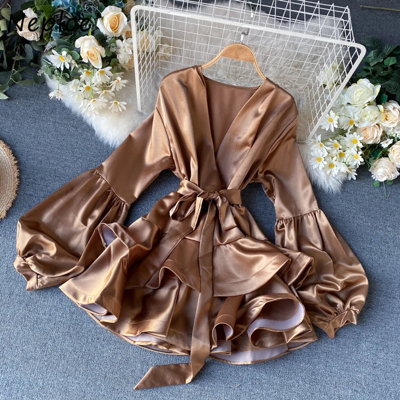 V Neck Lantern Long Sleeve Candy Color Dress 1L413
