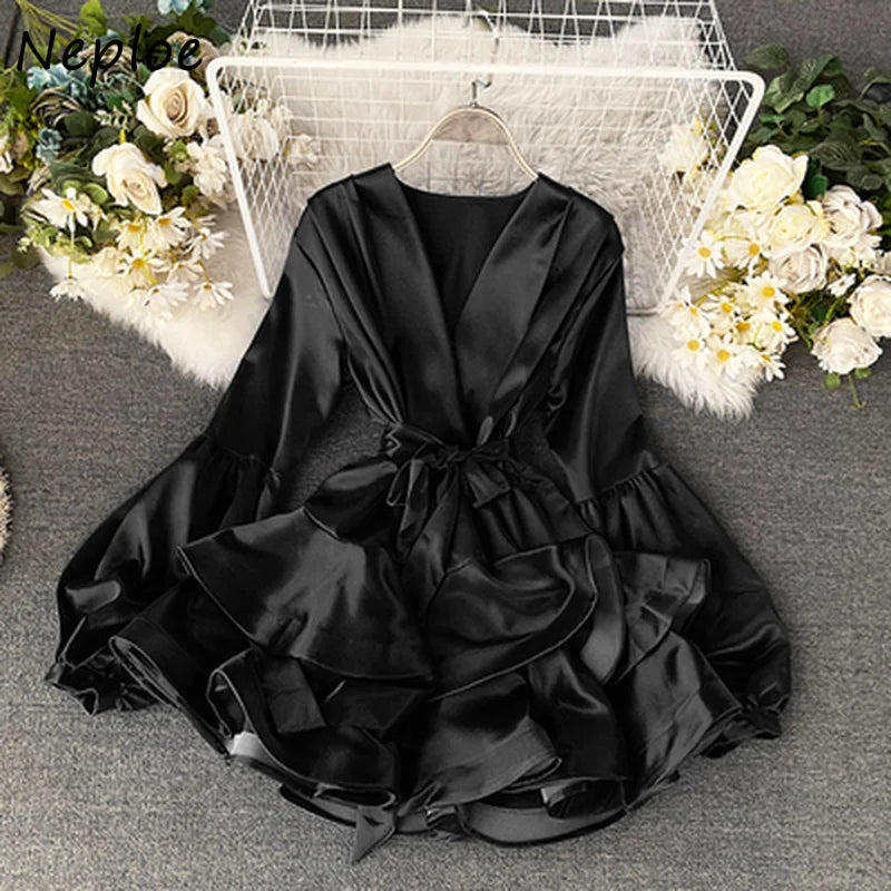 V Neck Lantern Long Sleeve Candy Color Dress 1L413