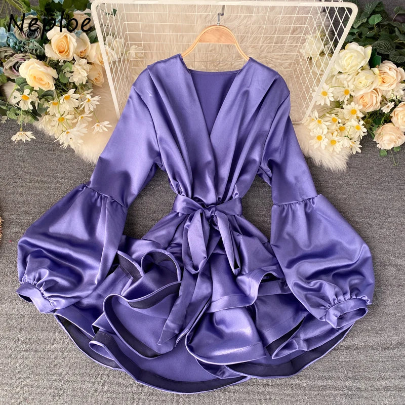 V Neck Lantern Long Sleeve Candy Color Dress 1L413