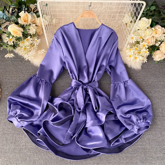 V Neck Lantern Long Sleeve Candy Color Dress 1L413