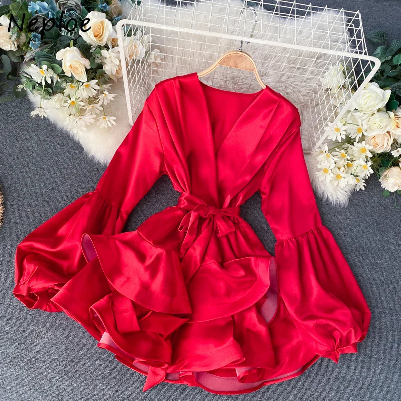 V Neck Lantern Long Sleeve Candy Color Dress 1L413