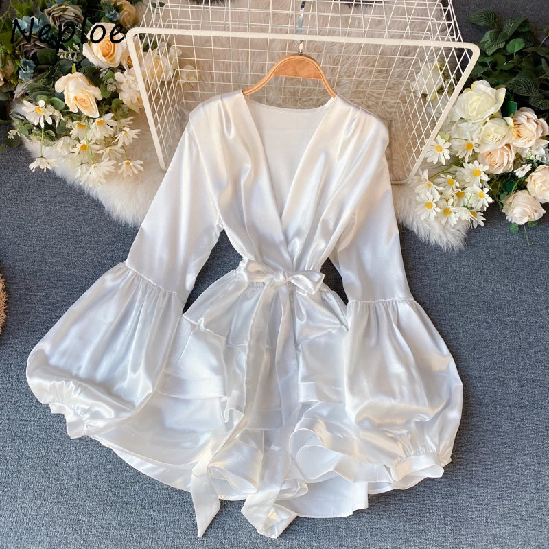 V Neck Lantern Long Sleeve Candy Color Dress 1L413