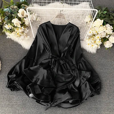 V Neck Lantern Long Sleeve Candy Color Dress 1L413
