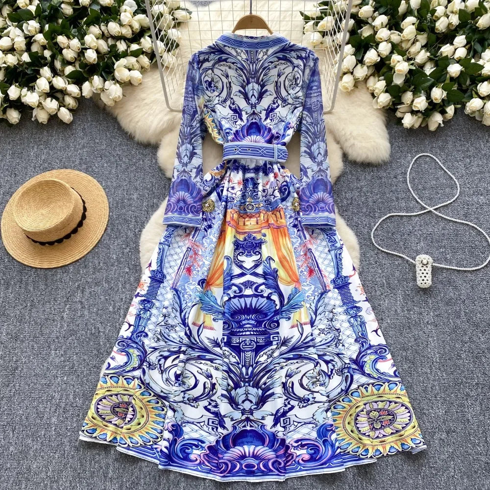 Long Sleeve Dress Turn-down Collar Lace Up Dress  SA123