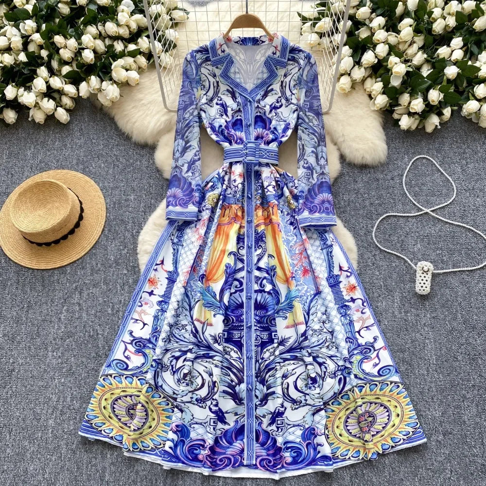 Long Sleeve Dress Turn-down Collar Lace Up Dress  SA123