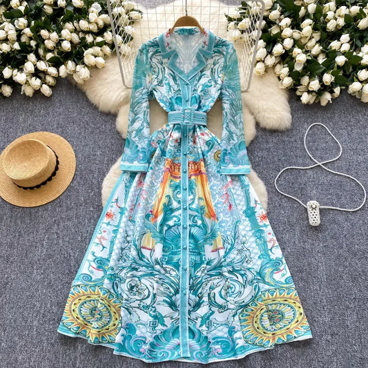 Long Sleeve Dress Turn-down Collar Lace Up Dress  SA123