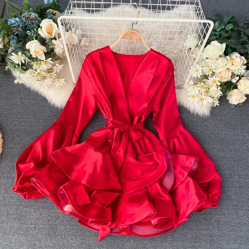 V Neck Lantern Long Sleeve Candy Color Dress 1L413