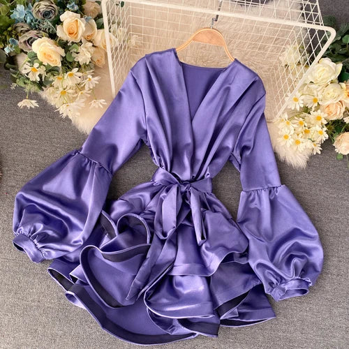 V Neck Lantern Long Sleeve Candy Color Dress 1L413