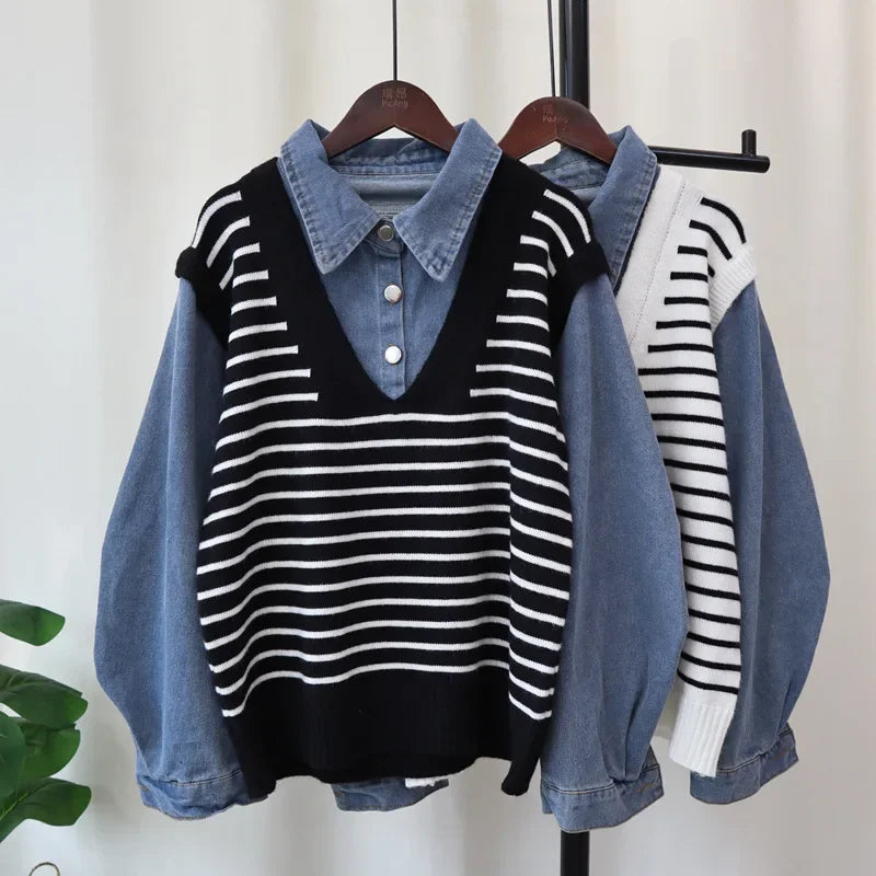 Hit Color Striperopa Mujer 2024 Woman Sweater Patchwork Denim Roupas Feminina Fake Two Piece Tops Autumn Winter New Outerwears