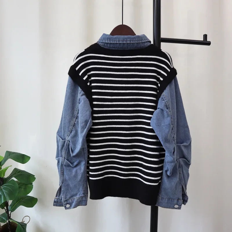 Hit Color Striperopa Mujer 2024 Woman Sweater Patchwork Denim Roupas Feminina Fake Two Piece Tops Autumn Winter New Outerwears