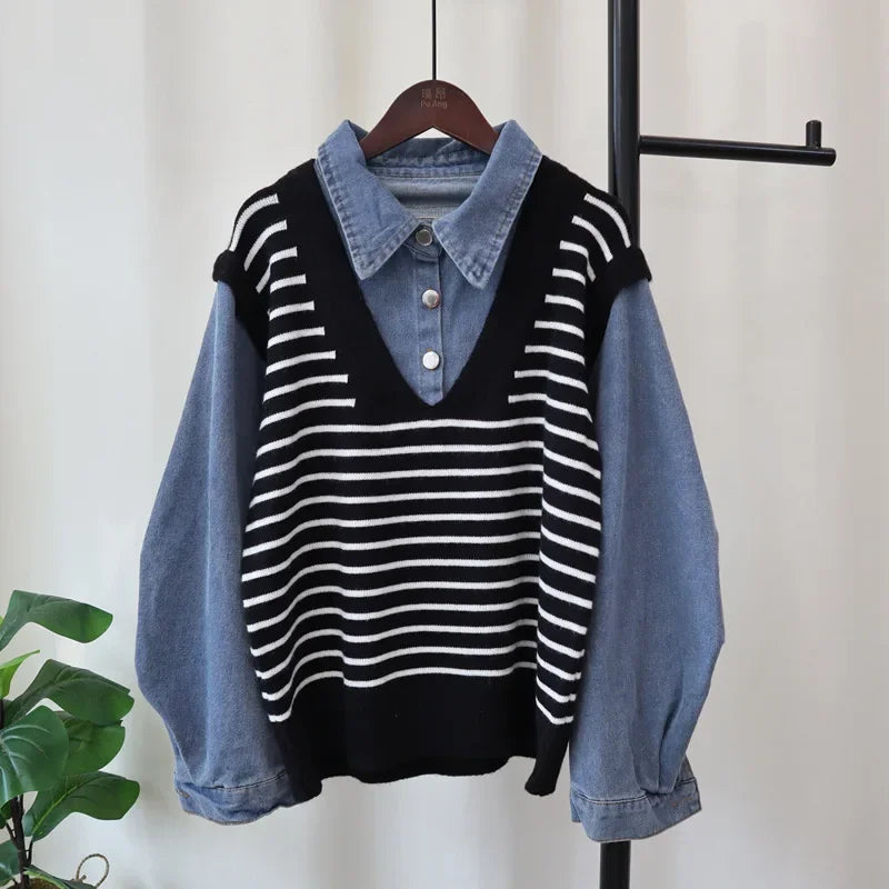 Hit Color Striperopa Mujer 2024 Woman Sweater Patchwork Denim Roupas Feminina Fake Two Piece Tops Autumn Winter New Outerwears