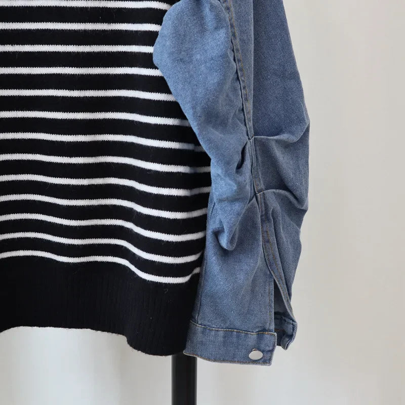 Hit Color Striperopa Mujer 2024 Woman Sweater Patchwork Denim Roupas Feminina Fake Two Piece Tops Autumn Winter New Outerwears