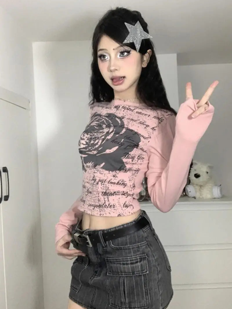 Spicy Girls Vintage Rose Print Pink Long Sleeve Tshirts SA177