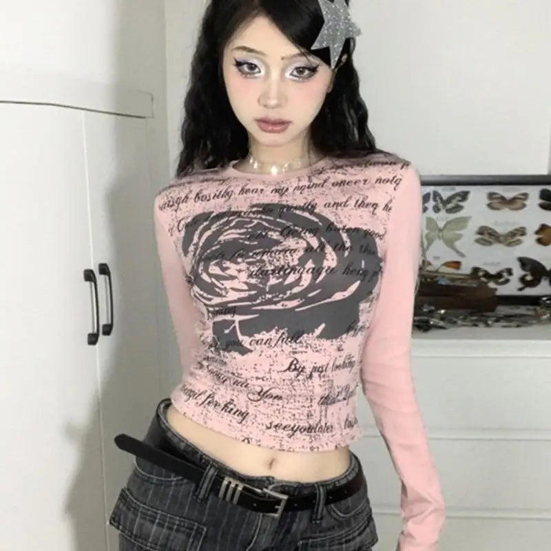 Spicy Girls Vintage Rose Print Pink Long Sleeve Tshirts SA177