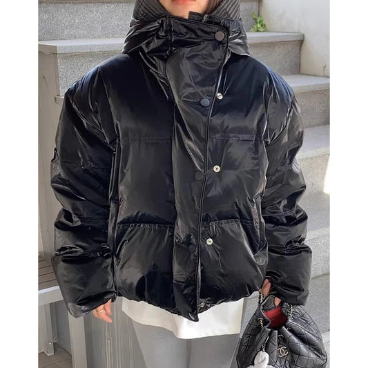 Korean Chic Winter High-quality Temperament Relaxed Thick Luster All-match Long-sleeved Hooded Cotton-padded Jacket Coat Woman
