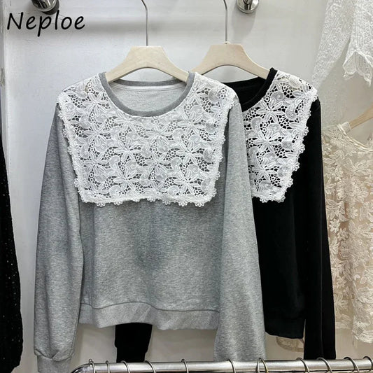Lace Splicing Sweatshirts Femme Simple Long Sleeve Hoodie 52B357