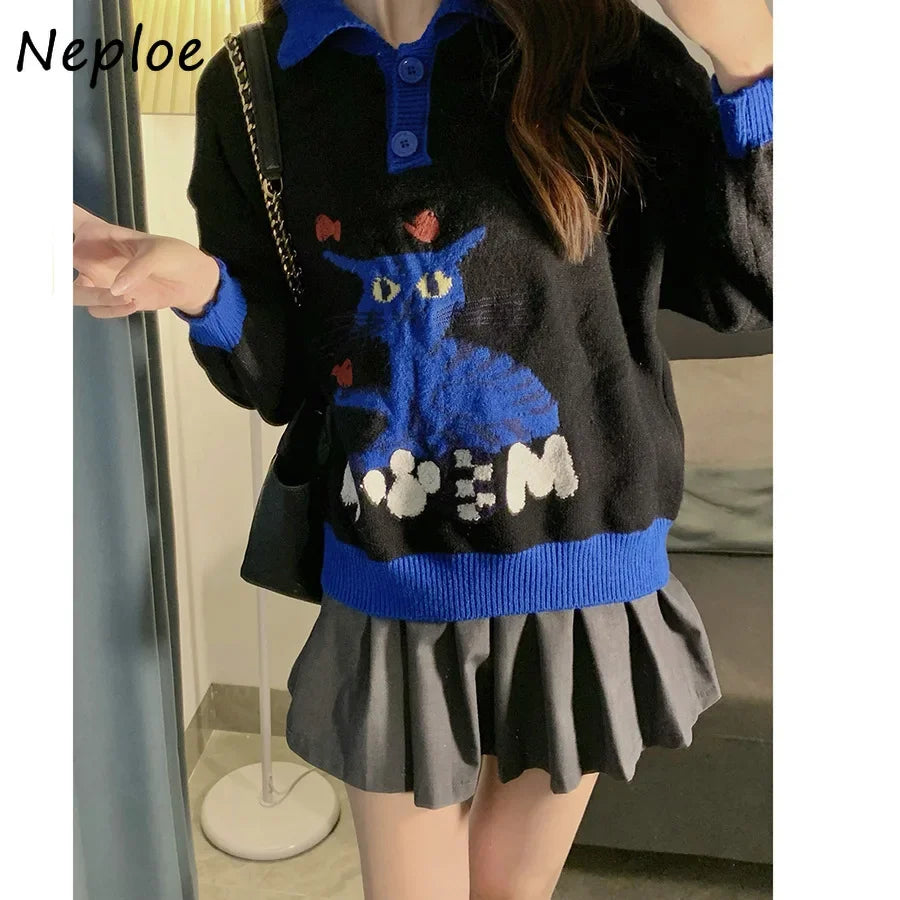 Cat Print Lazy Heavy Embroidery Sweaters SA065