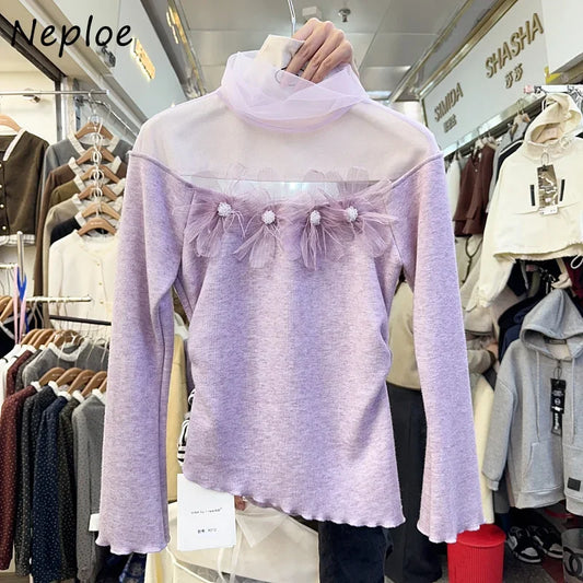 Stacked Collar Mesh Spliced Knit Pullovers Femme