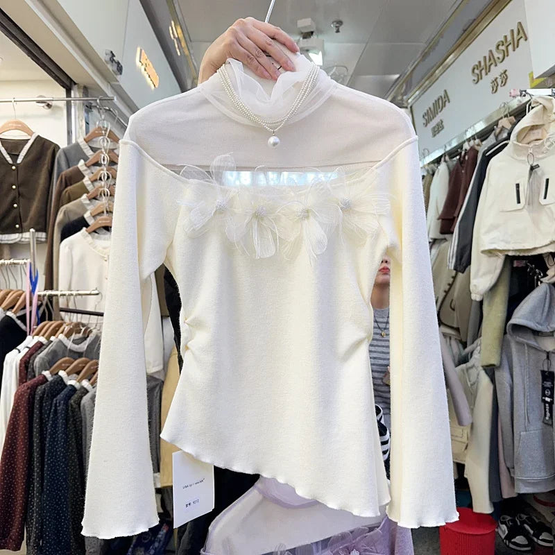 Stacked Collar Mesh Spliced Knit Pullovers Femme