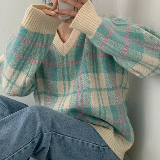 Plaid Striped V-Neck Pullover Stacked Knitted Sweater