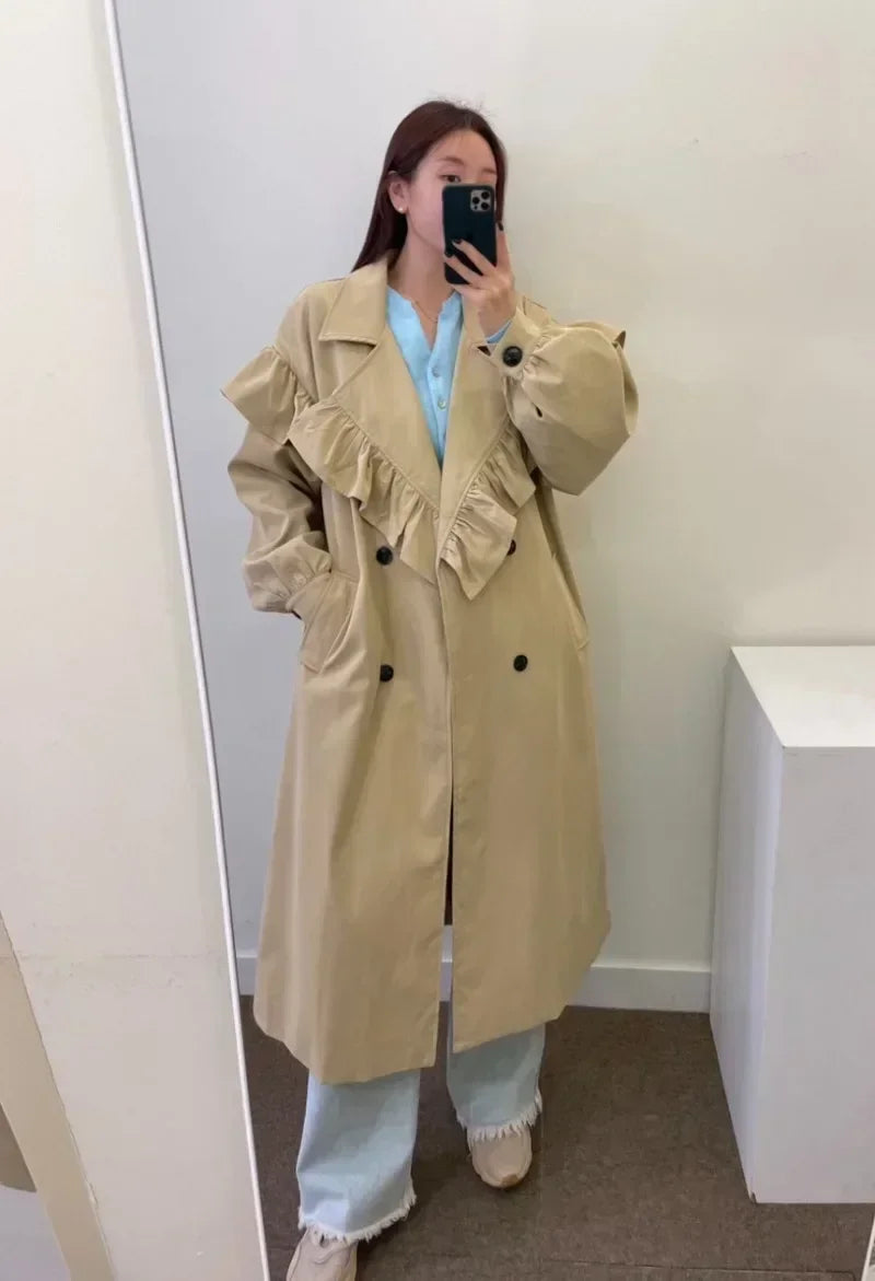 Ruffle Edge Splicing Long Windbreaker SA004