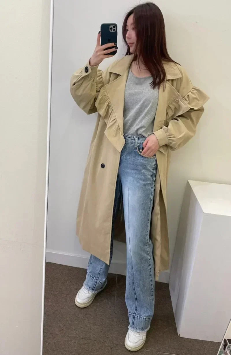 Ruffle Edge Splicing Long Windbreaker SA004