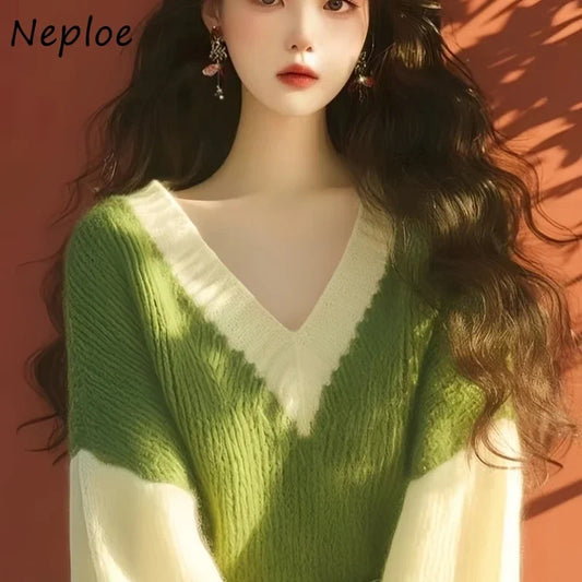 Green V-Neck Sweater Femme  Knitted Pullover SA082