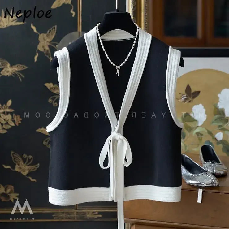 Woolen Knit Coat Lace Up Korea Chic Y2K Vest