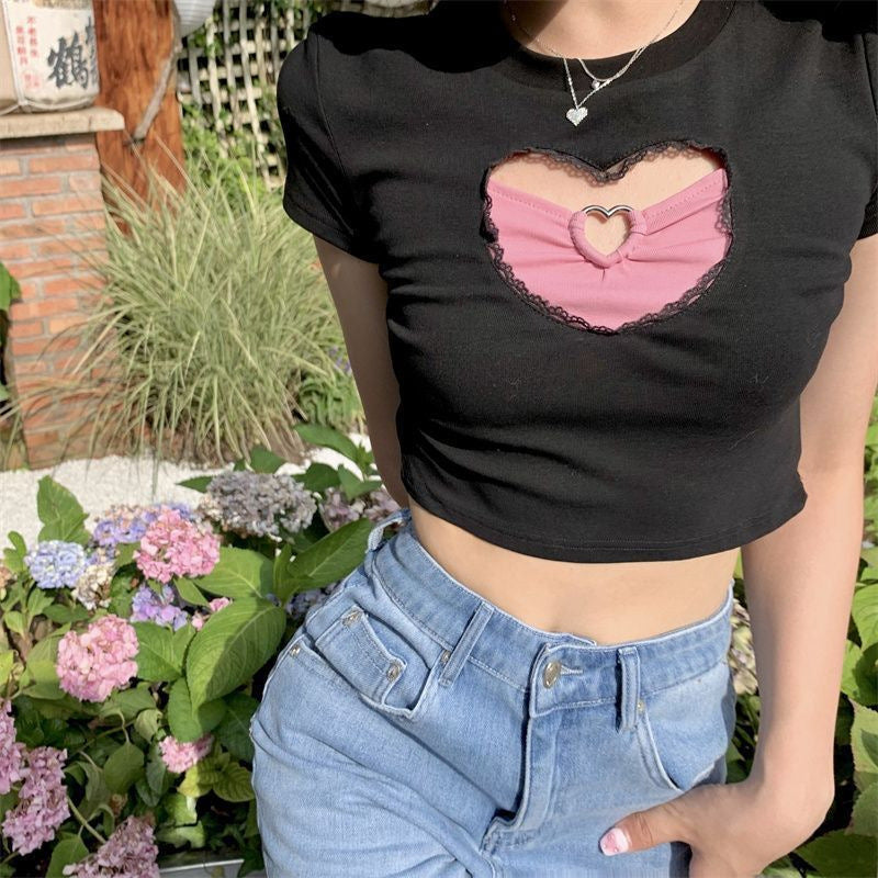 Hollow Love Design Short-sleeved T-shirt for Women US 64D179