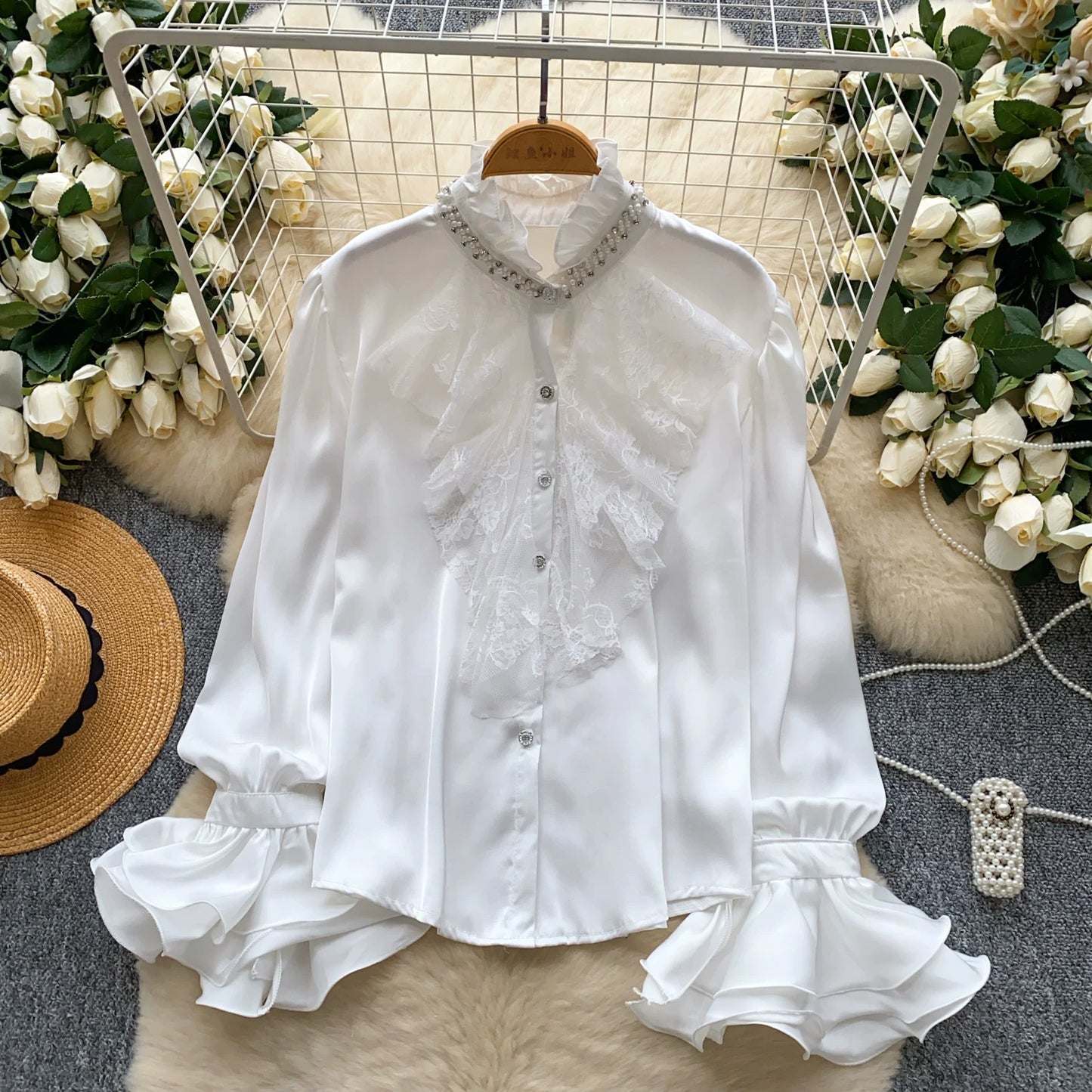 Diamond Stand-Up Neck Flared Sleeve Satin Shirt Women