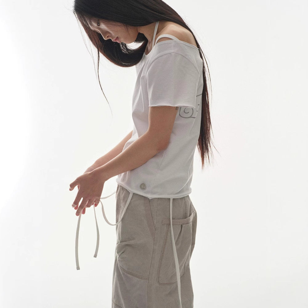 Slant Collar Shoulder Wing Print T-Shirt 73C093