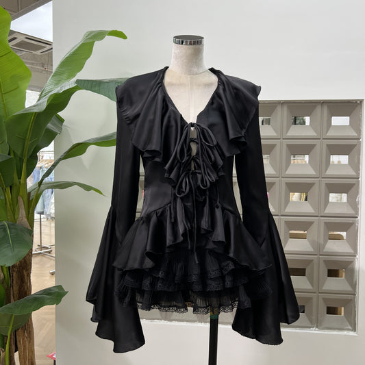 Long Sleeve Ruffle Edge Shirt Skirt Set SA373