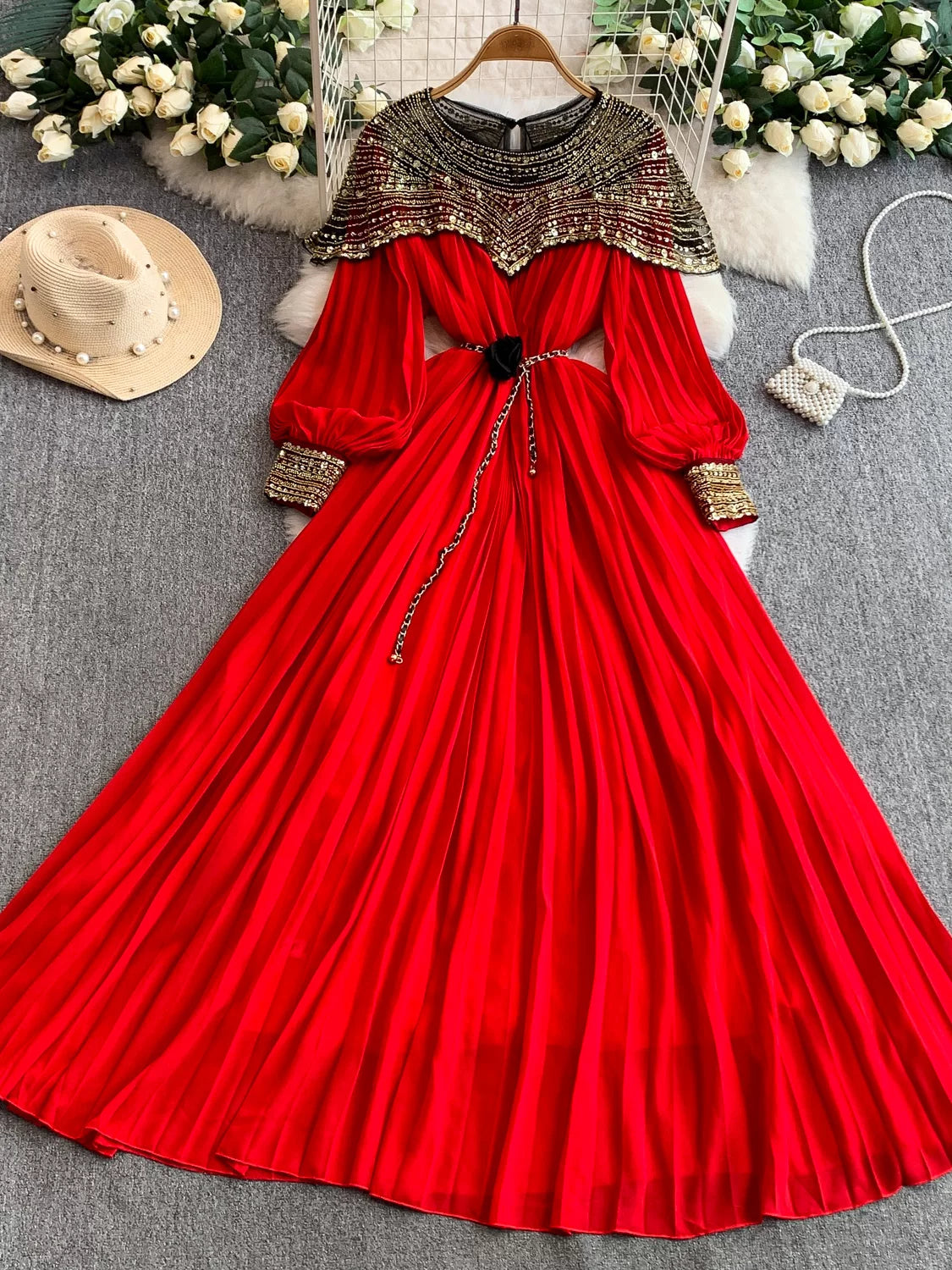 Sequin Lantern Sleeve Dress  64D118