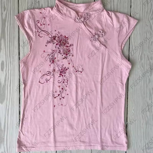 Pink Flower Print Stand-up Collar Button-down Casual T-shirt SA439
