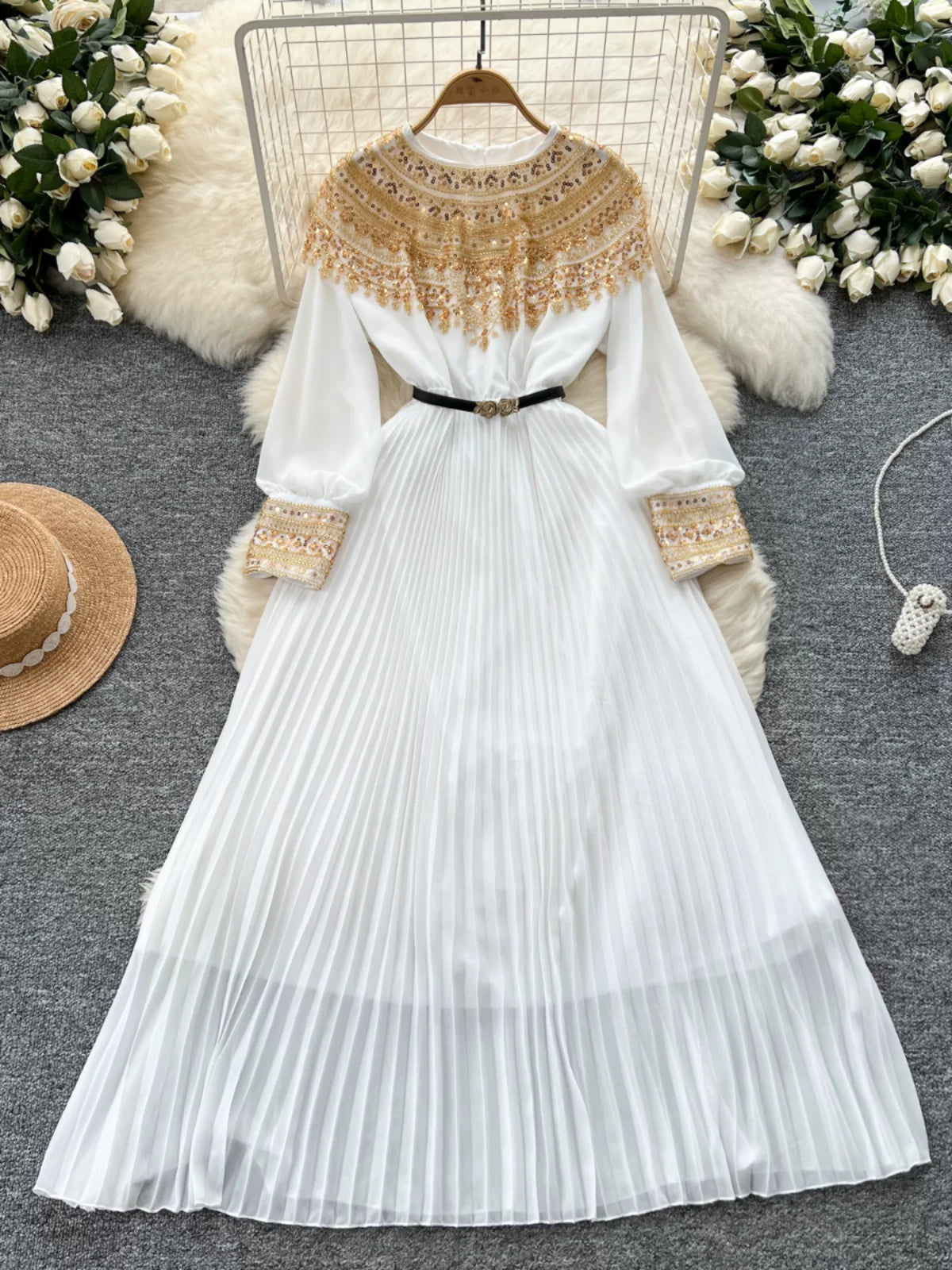 Sequined Patchwork Long-sleeved Dress  64D117