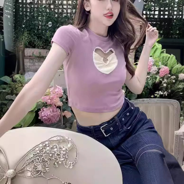 Hollow Love Design Short-sleeved T-shirt for Women US 64D179