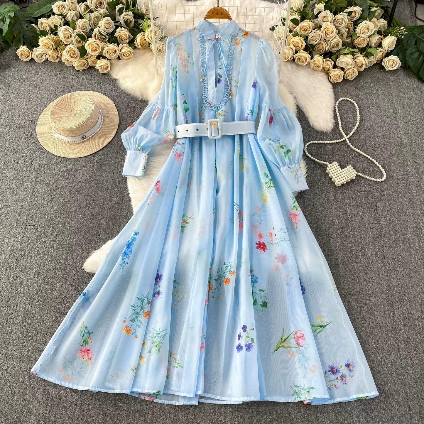 Stand Collar Lantern Sleeve Dress SA767