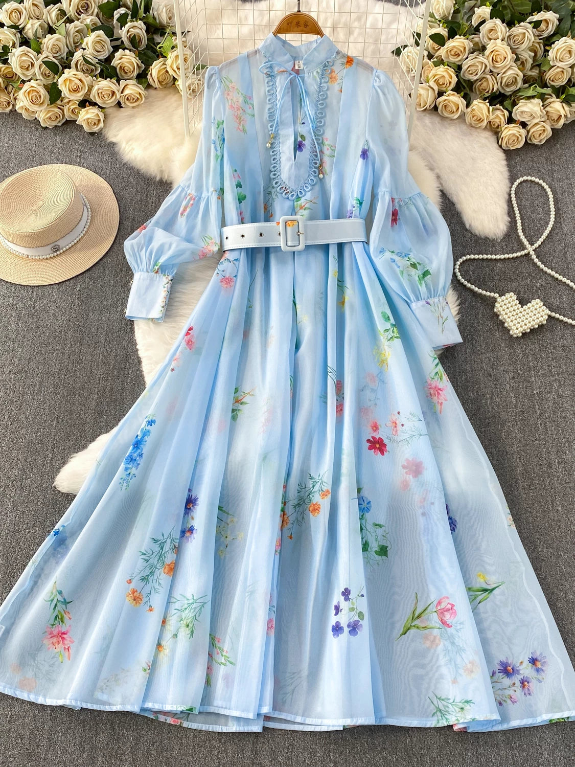 Stand Collar Lantern Sleeve Dress SA767