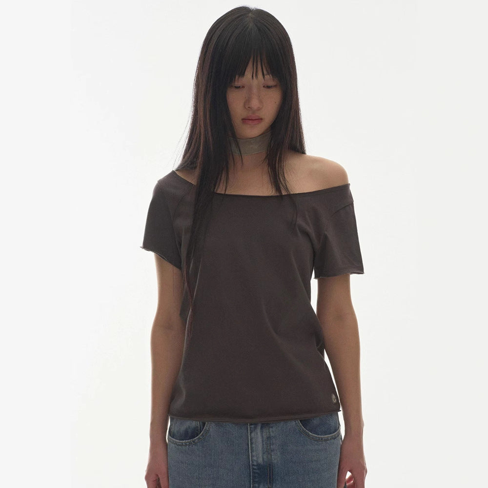 Slant Collar Shoulder Wing Print T-Shirt 73C093