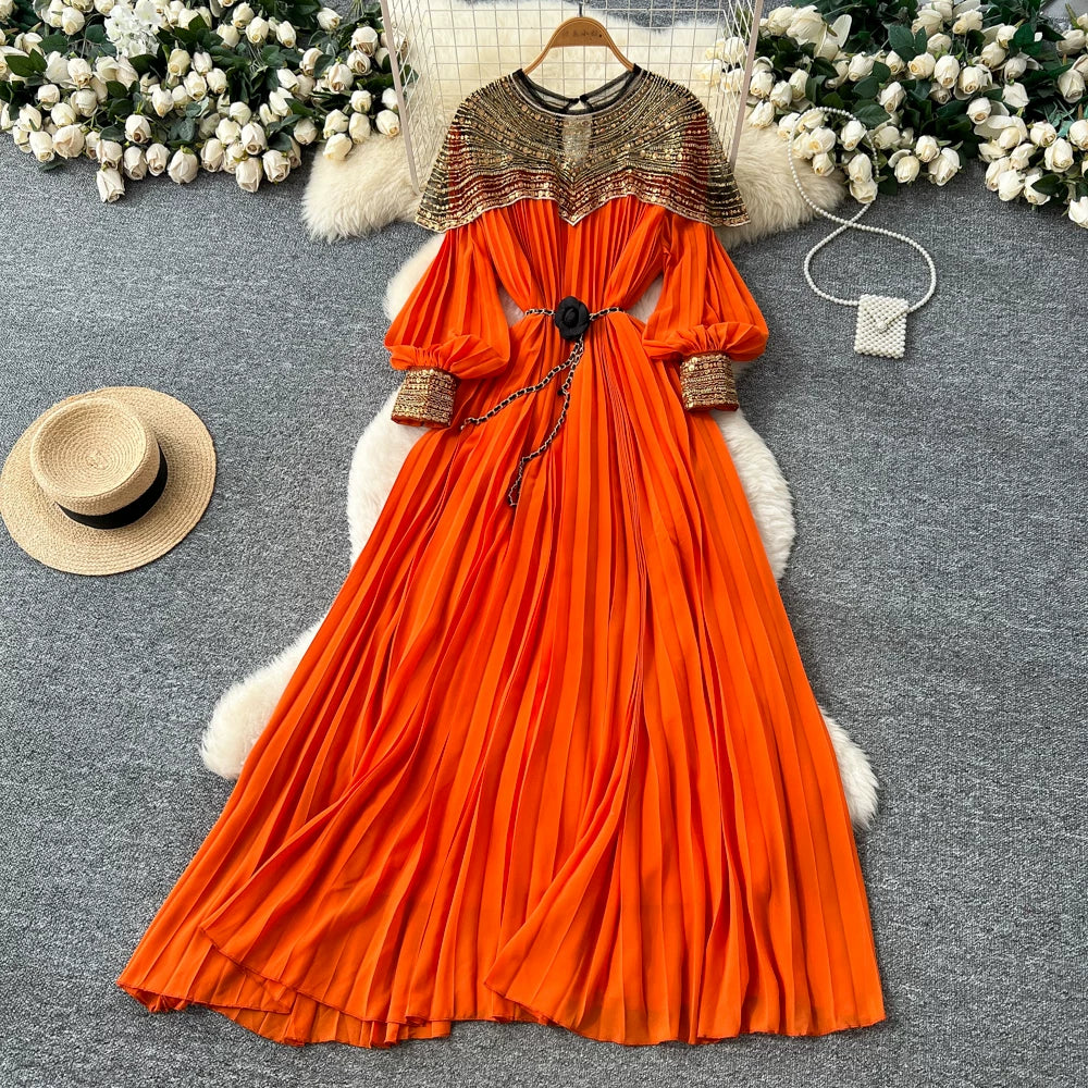 Embroidered Beaded Sequin Lantern Sleeve Dress 64D215