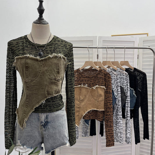 Letter Print Splicing Denim Long-sleeved T-shirt  SA466/SA467